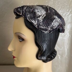 SOPHISTICATED 1950s' COCKTAIL HAT - SILVER SEQUINS AND BEADS ON PURPLE BASE